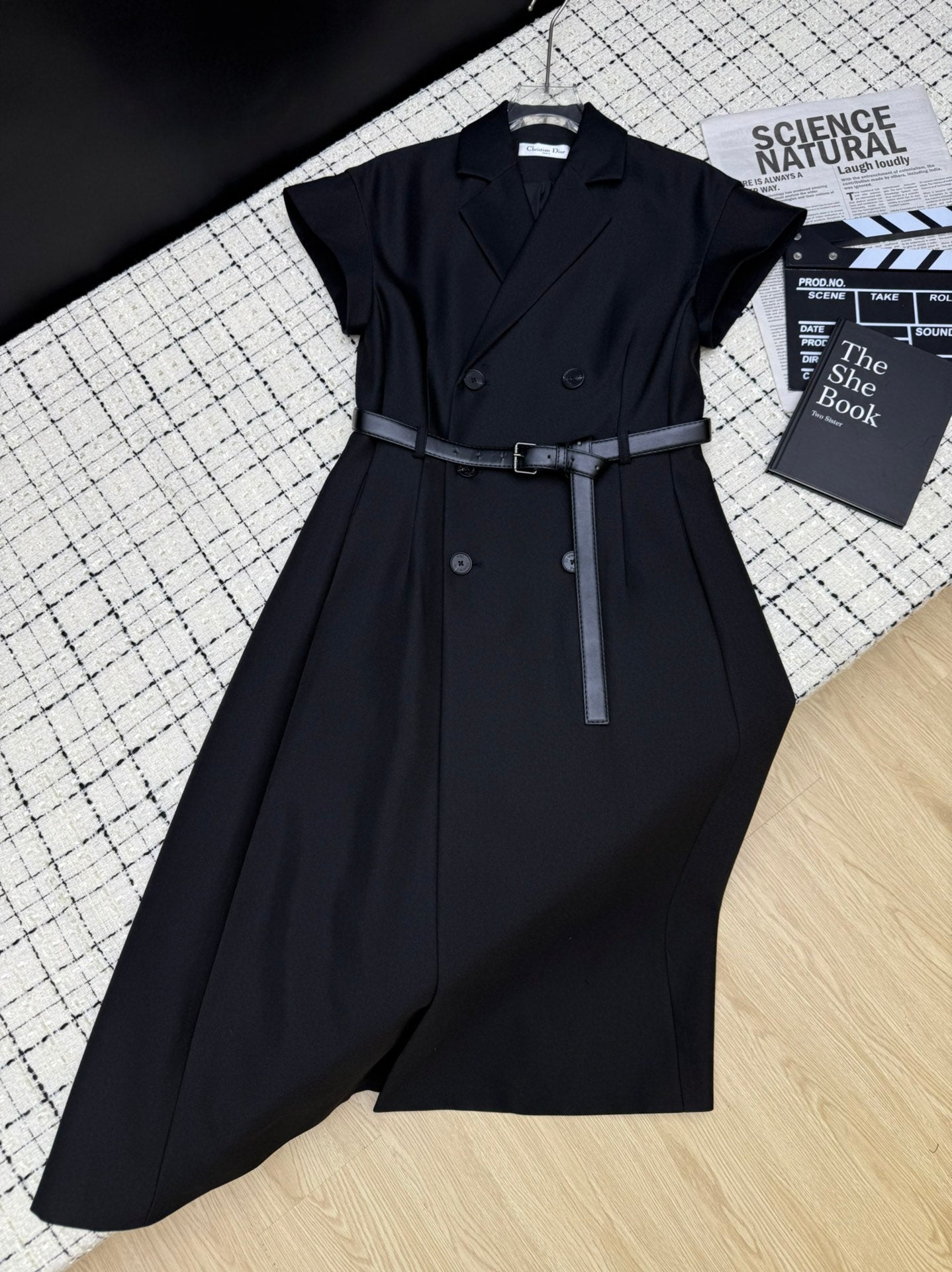 Lapel collar double-breasted long dress
