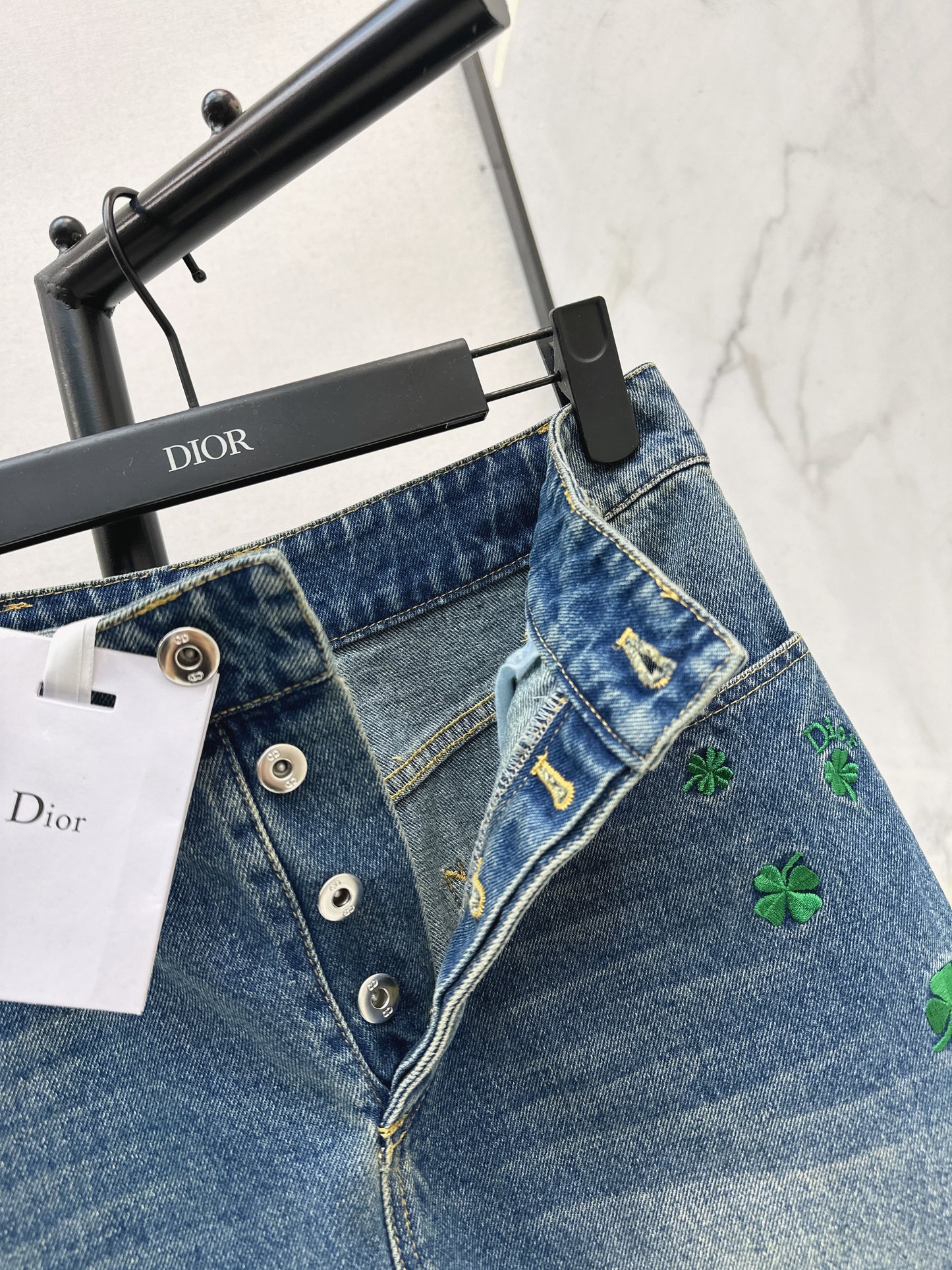 26NEW four-leaf clover embroidered denim midi skirt