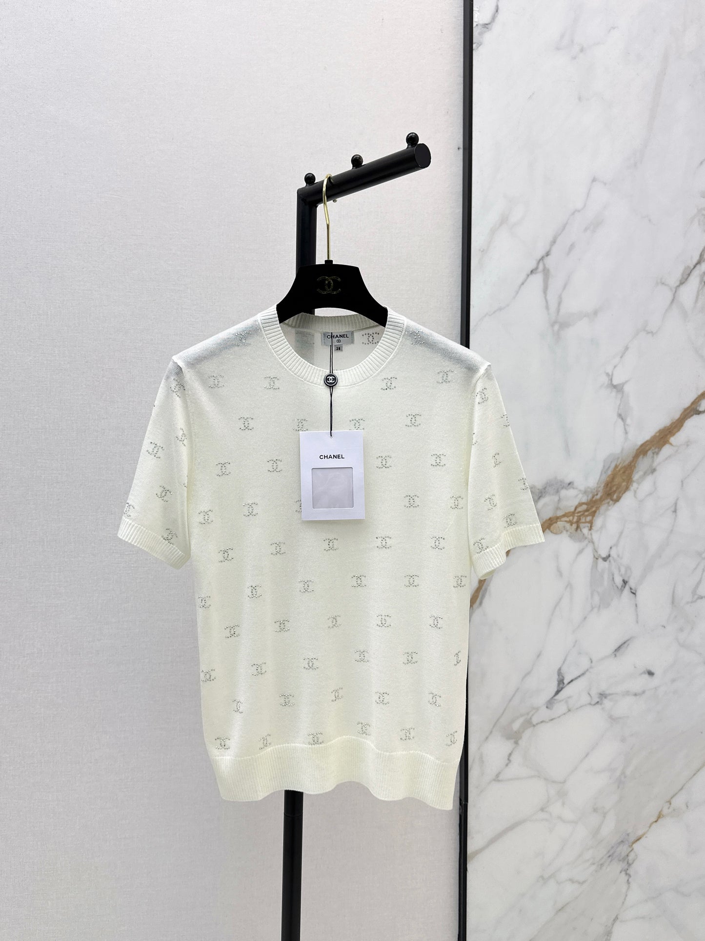 26SS Rhinestone Short-Sleeve Knit Top