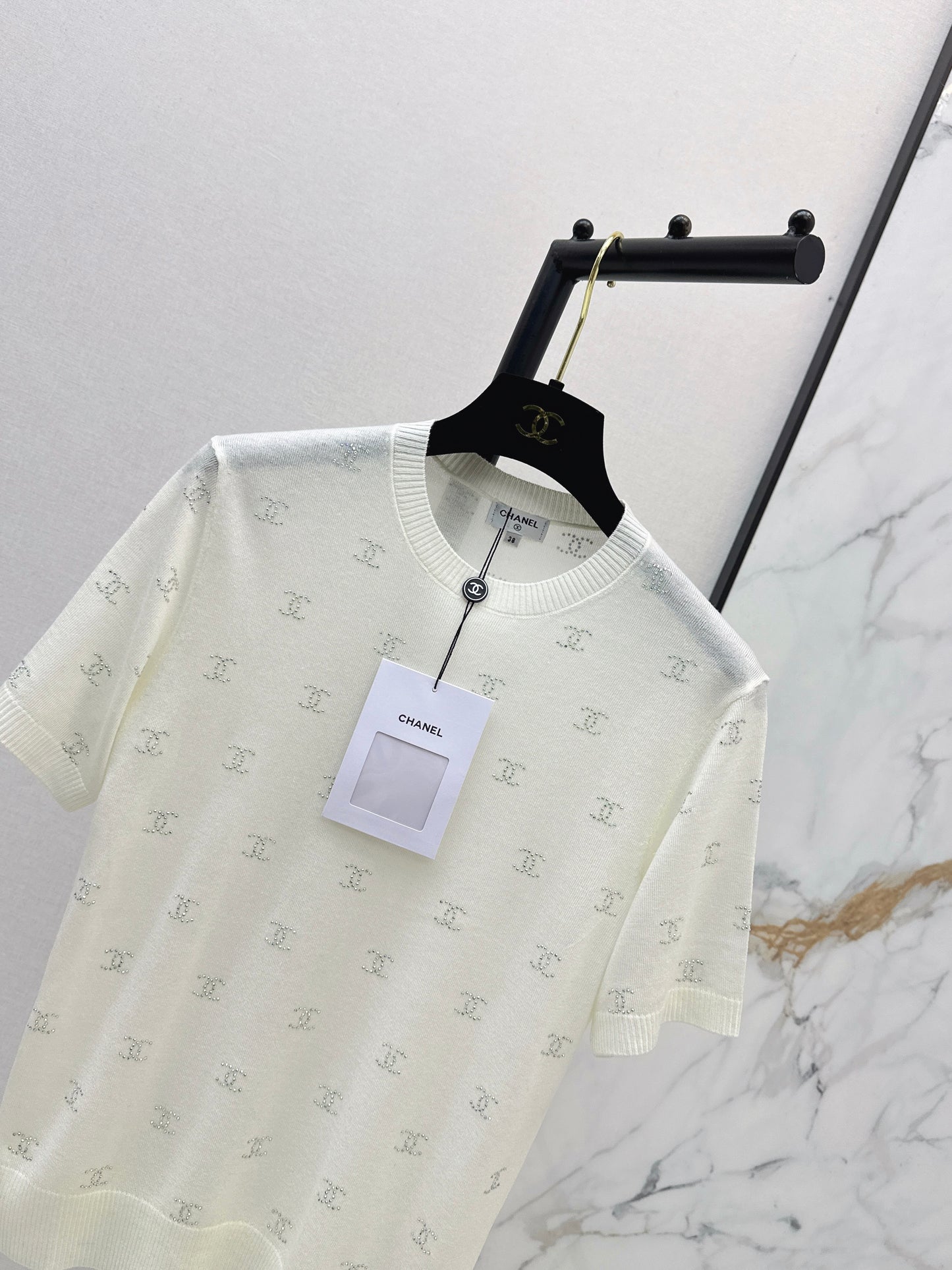 26SS Rhinestone Short-Sleeve Knit Top