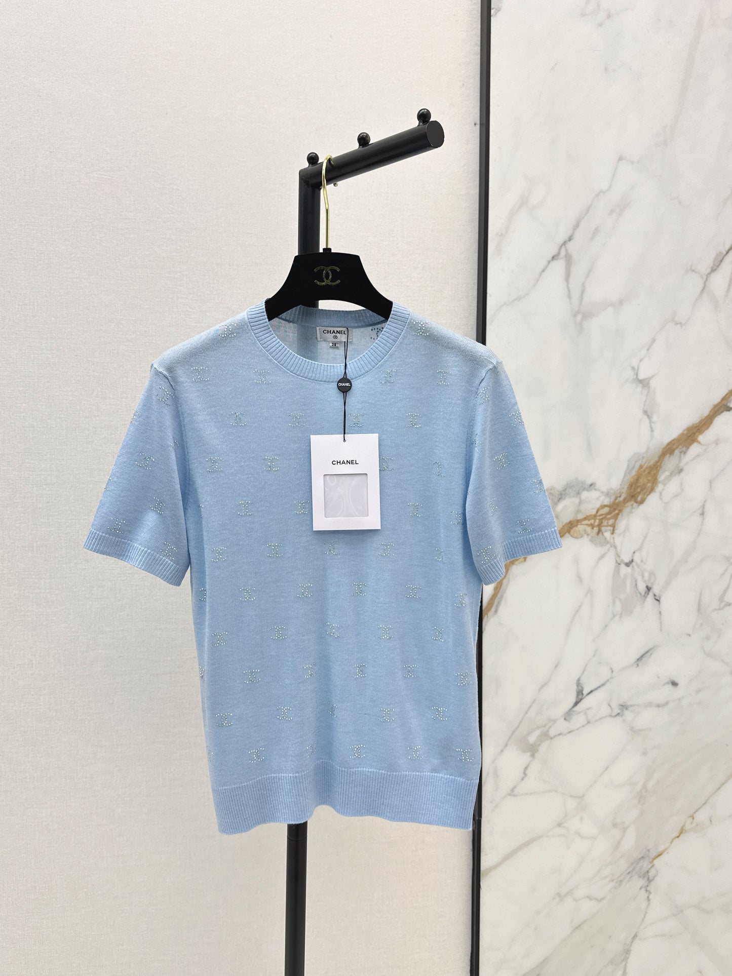 26SS Rhinestone Short-Sleeve Knit Top