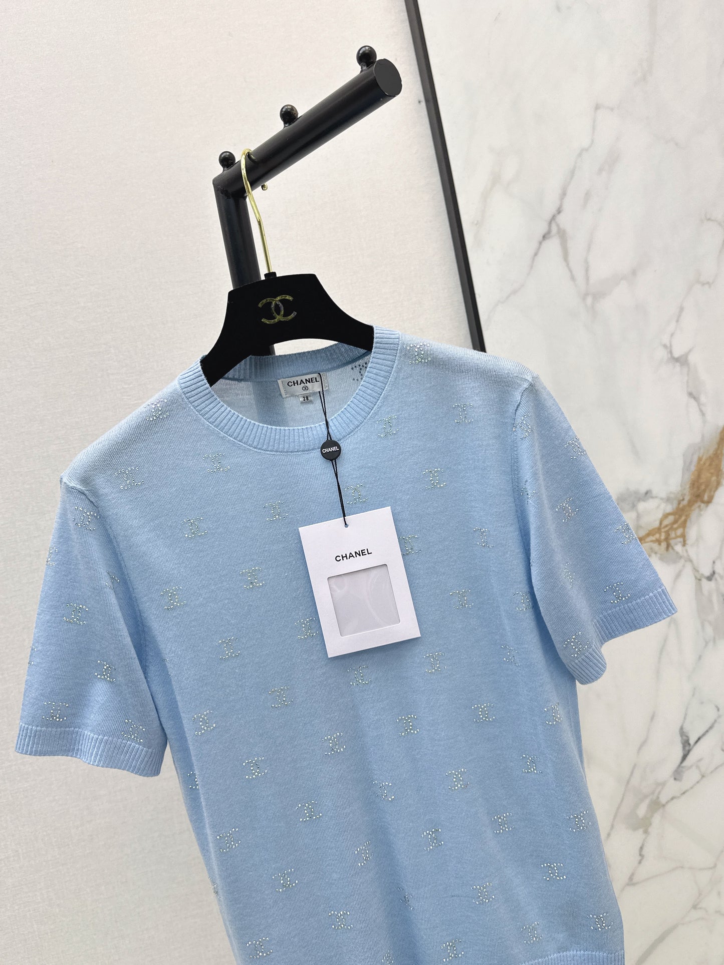 26SS Rhinestone Short-Sleeve Knit Top