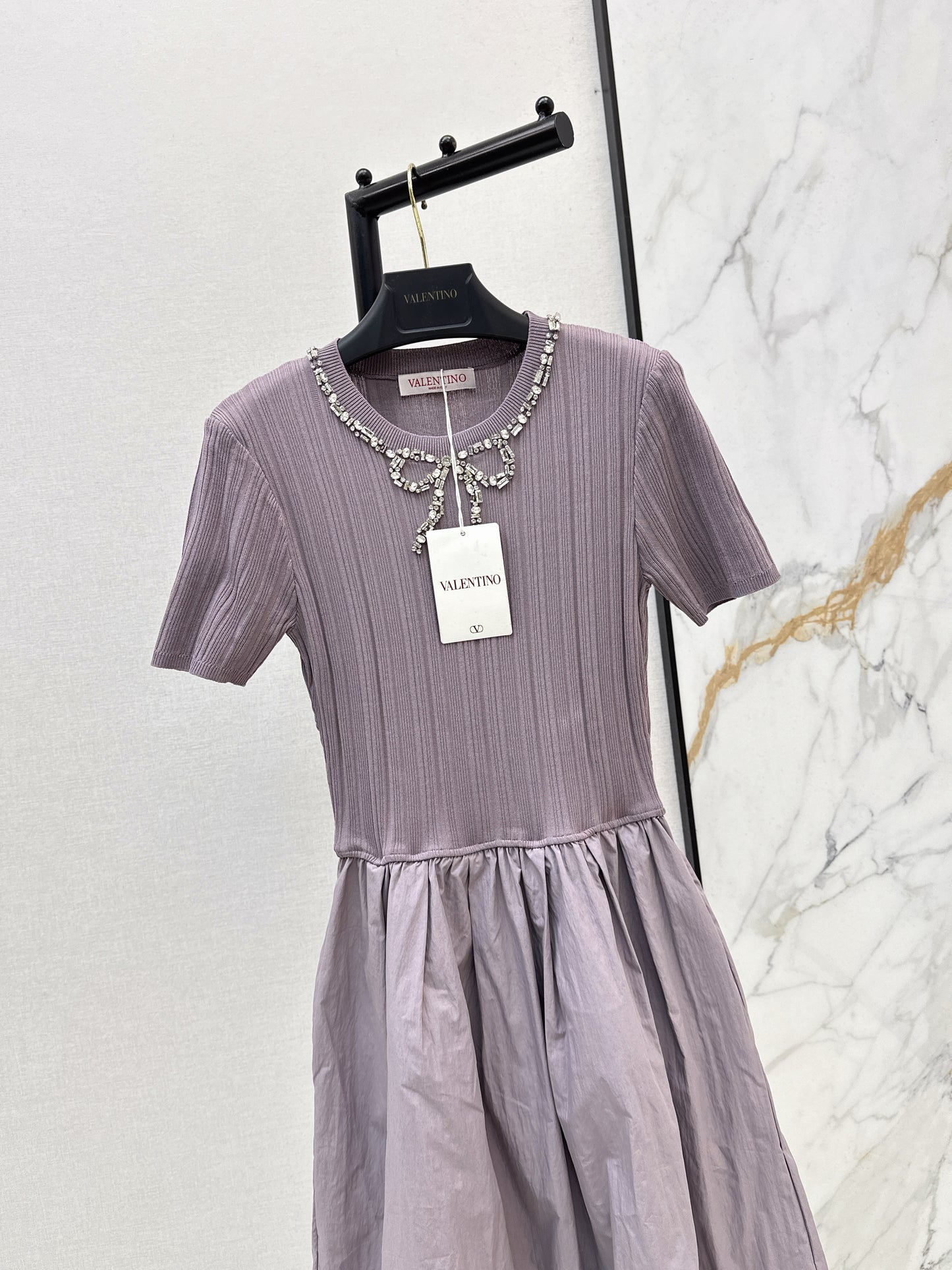 26SS New Heavy-Duty Beaded Bow Knit Patchwork Dress