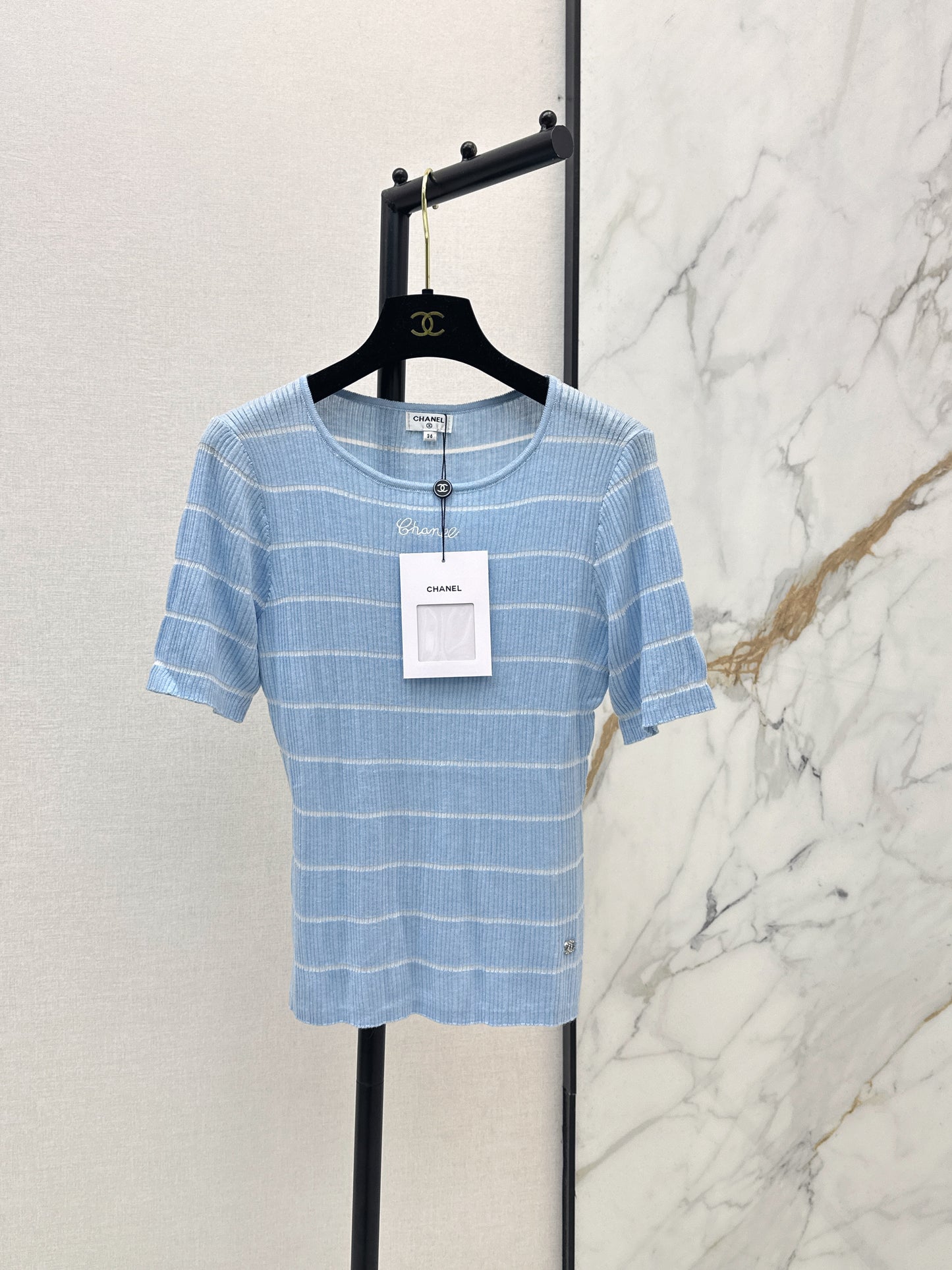 26SS Color Block Striped Crew Neck Slim Fit Knit Sweater