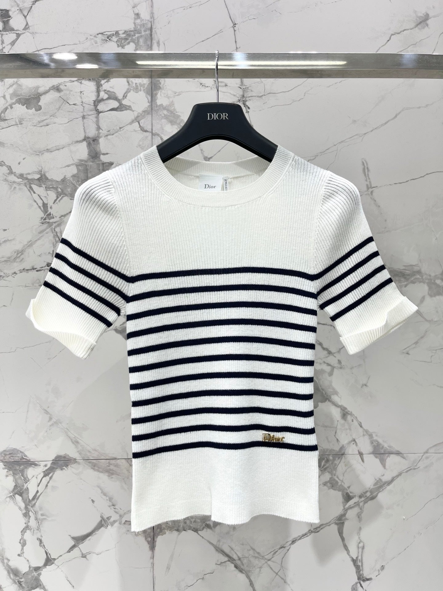 26  New Striped Short-Sleeve Knit Top with Metal Lettering and Crew Neck