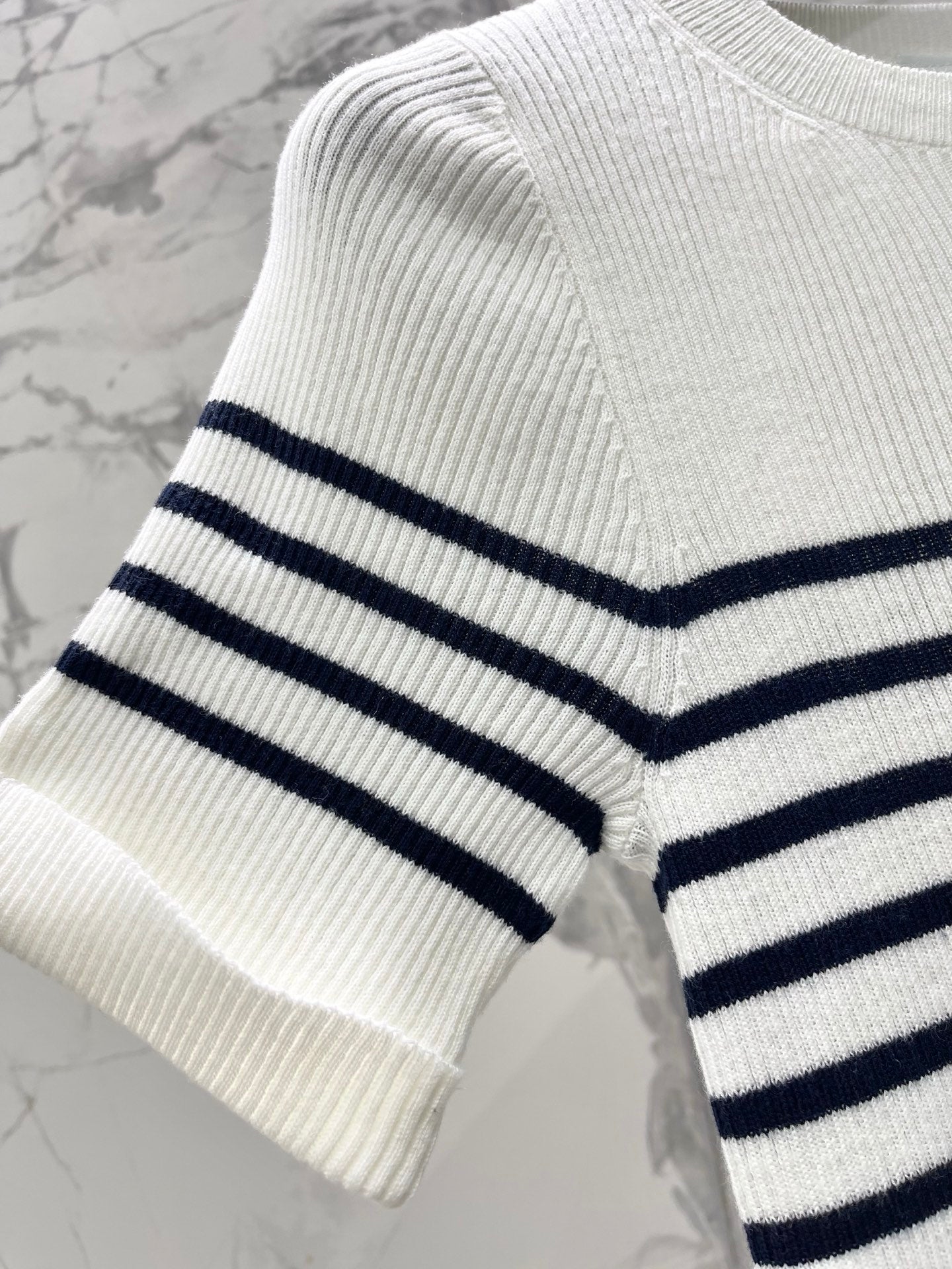 26  New Striped Short-Sleeve Knit Top with Metal Lettering and Crew Neck