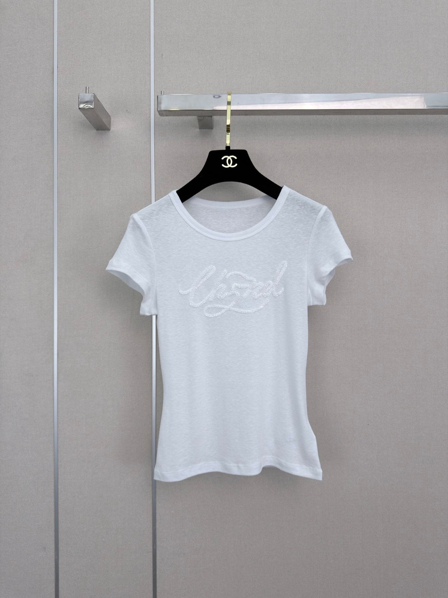 26 New Style: Beaded & Sequined Letter Crewneck Short-Sleeve Top