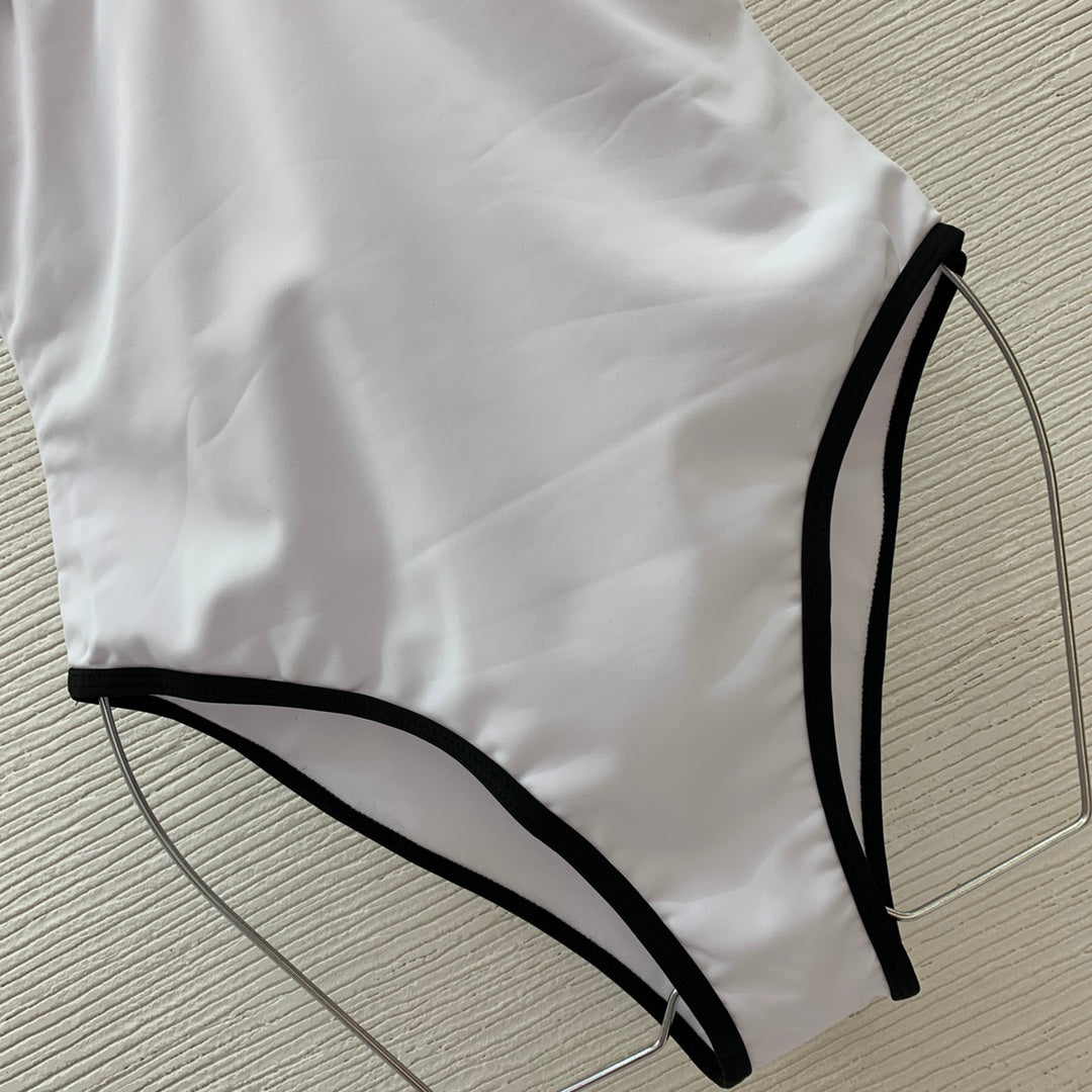 3D Logo Color-Block Trim Deep V-Neck One-Piece Swimsuit