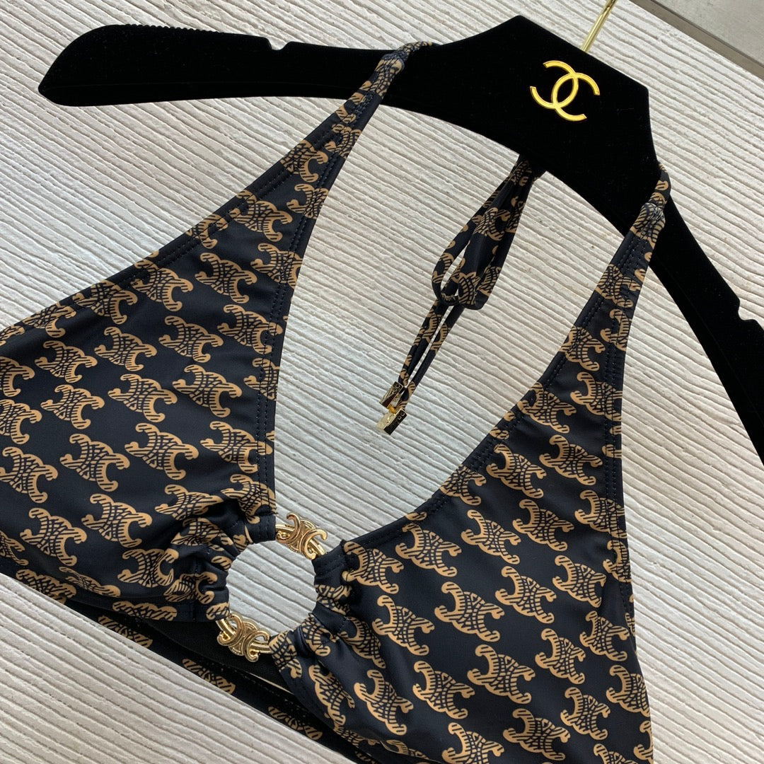 Classic Accessory-Embellished, Strappy Halter-Neck Two-Piece Swimsuit