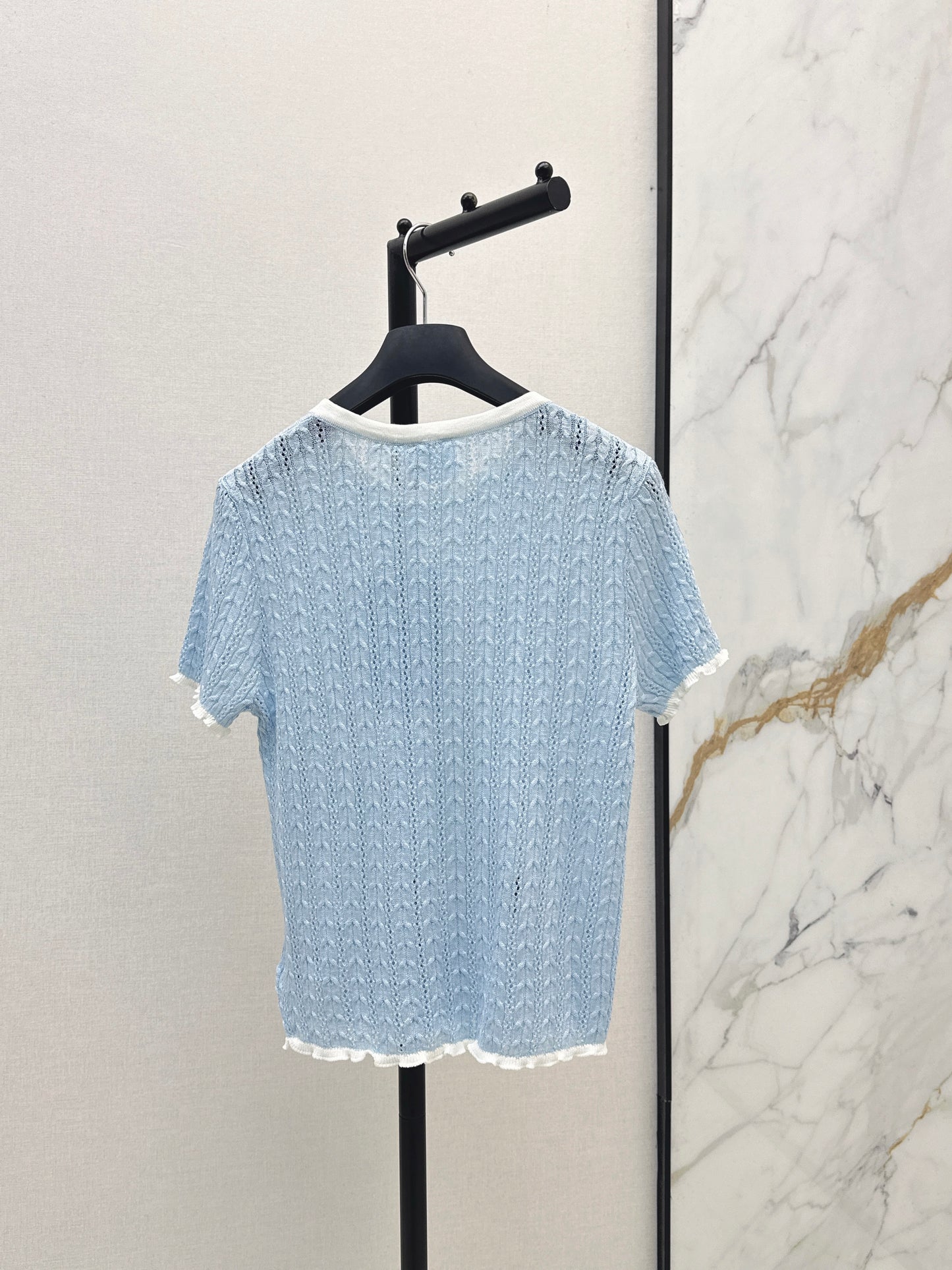2026 New Color-Blocked Trim Hollow-Out Crew Neck Knit Sweater