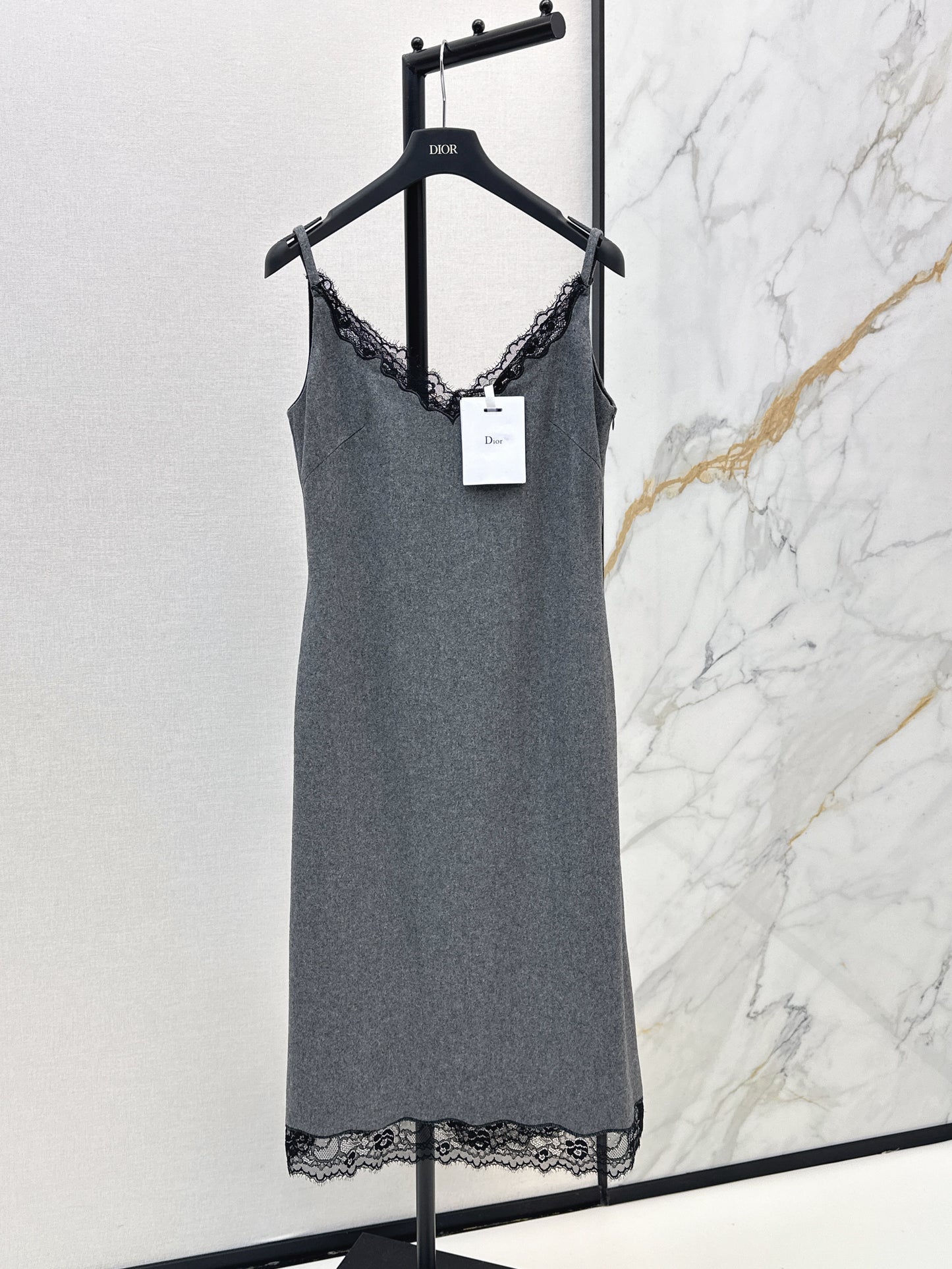 Newest early autumn style high-end gray patchwork lace slip dress