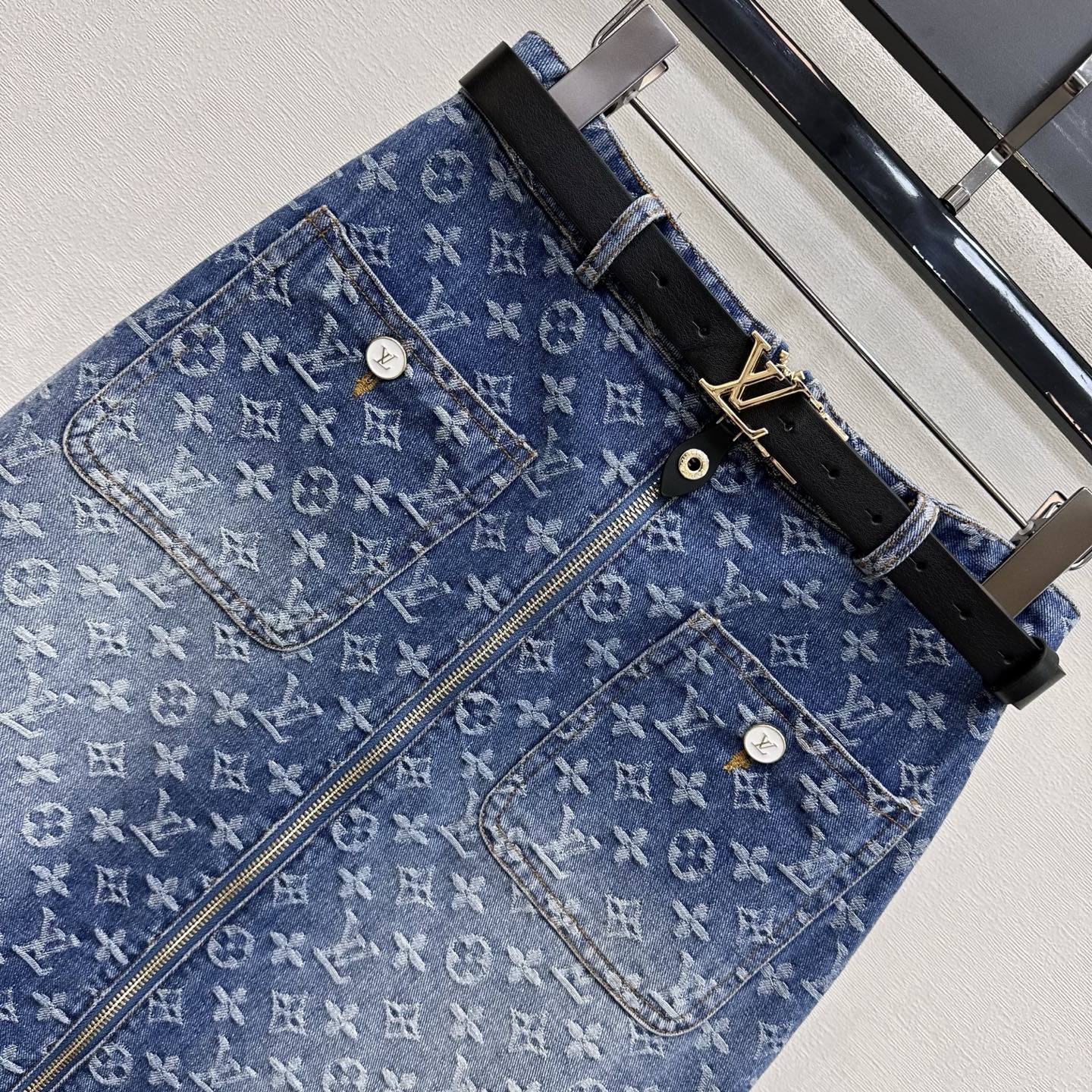 26SS — New Jacquard Belt Denim Midi Skirt