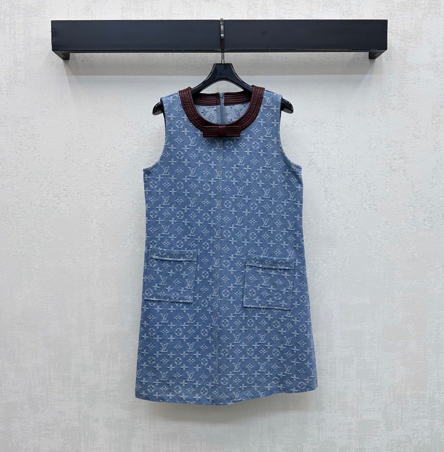 Leather collar jacquard denim vest dress