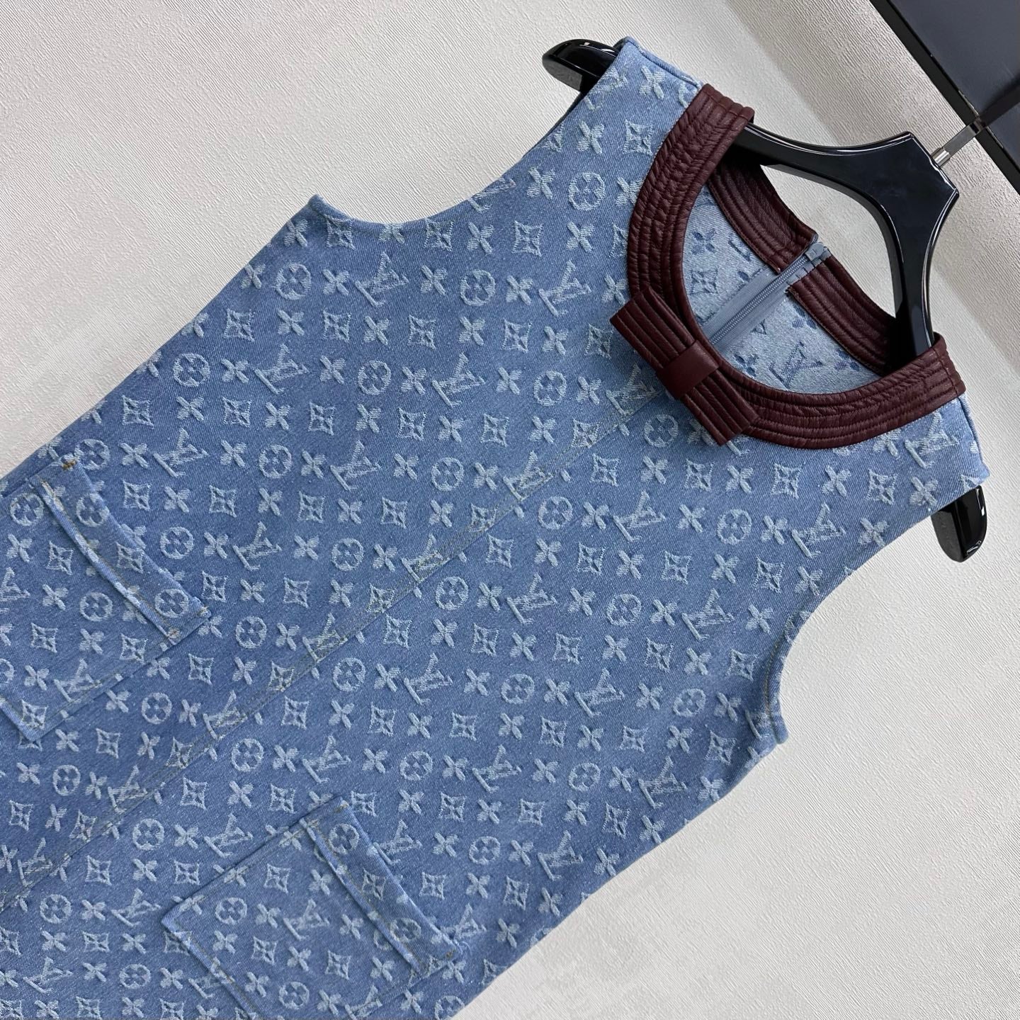 Leather collar jacquard denim vest dress
