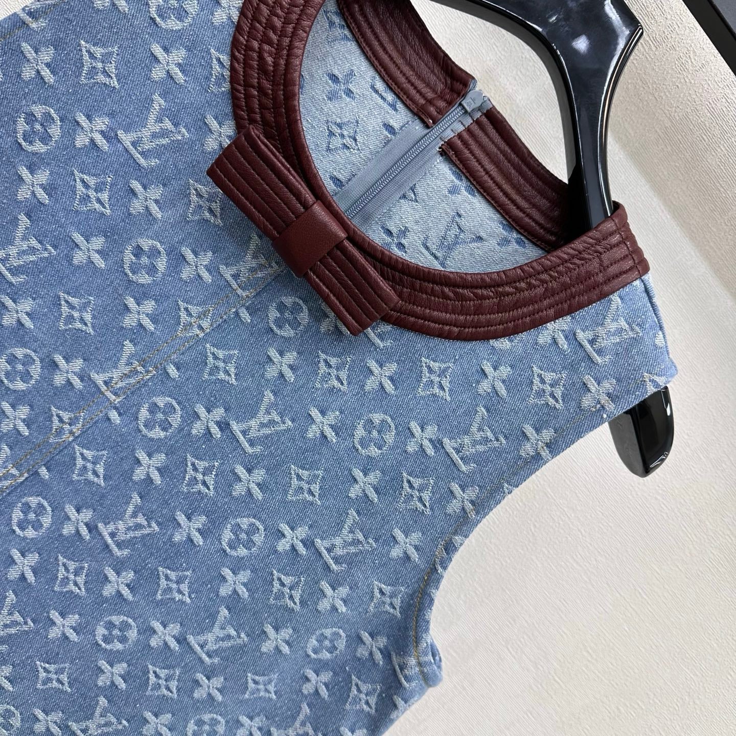 Leather collar jacquard denim vest dress