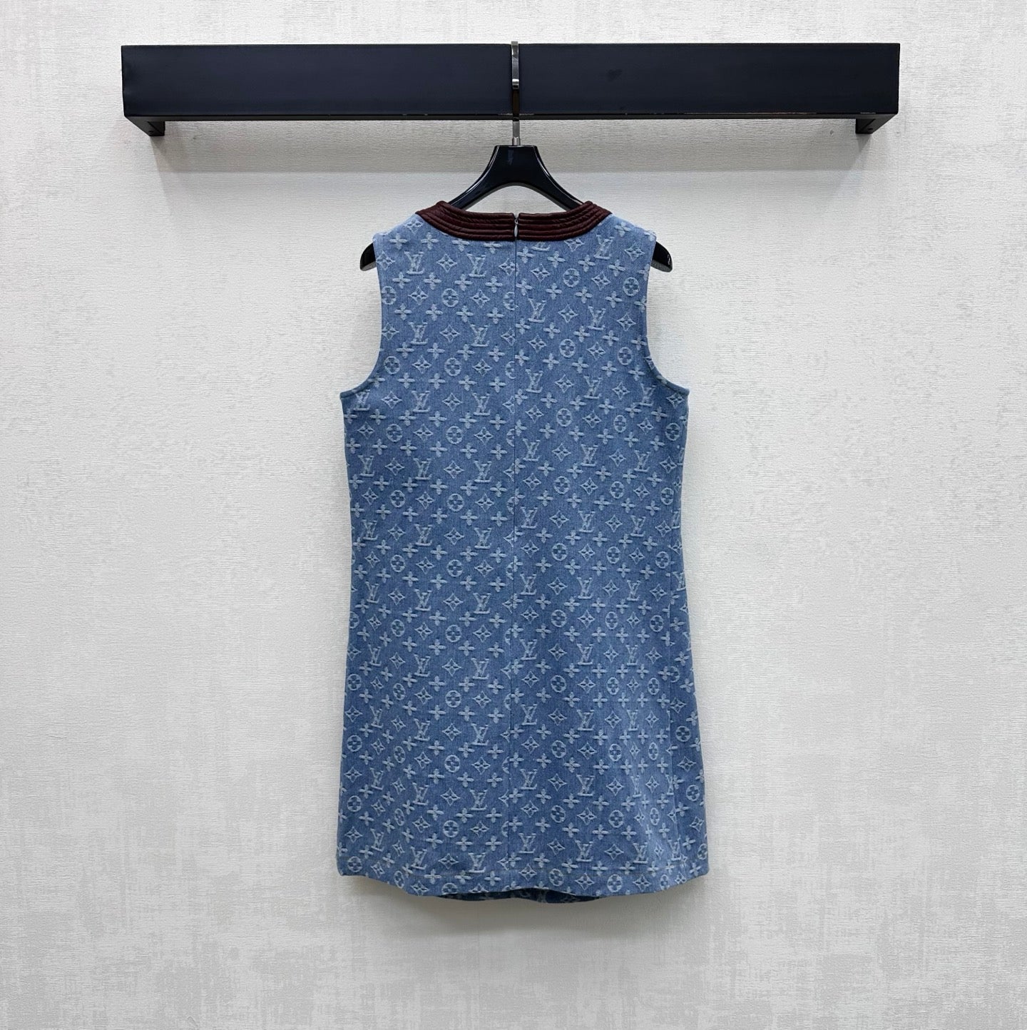 Leather collar jacquard denim vest dress