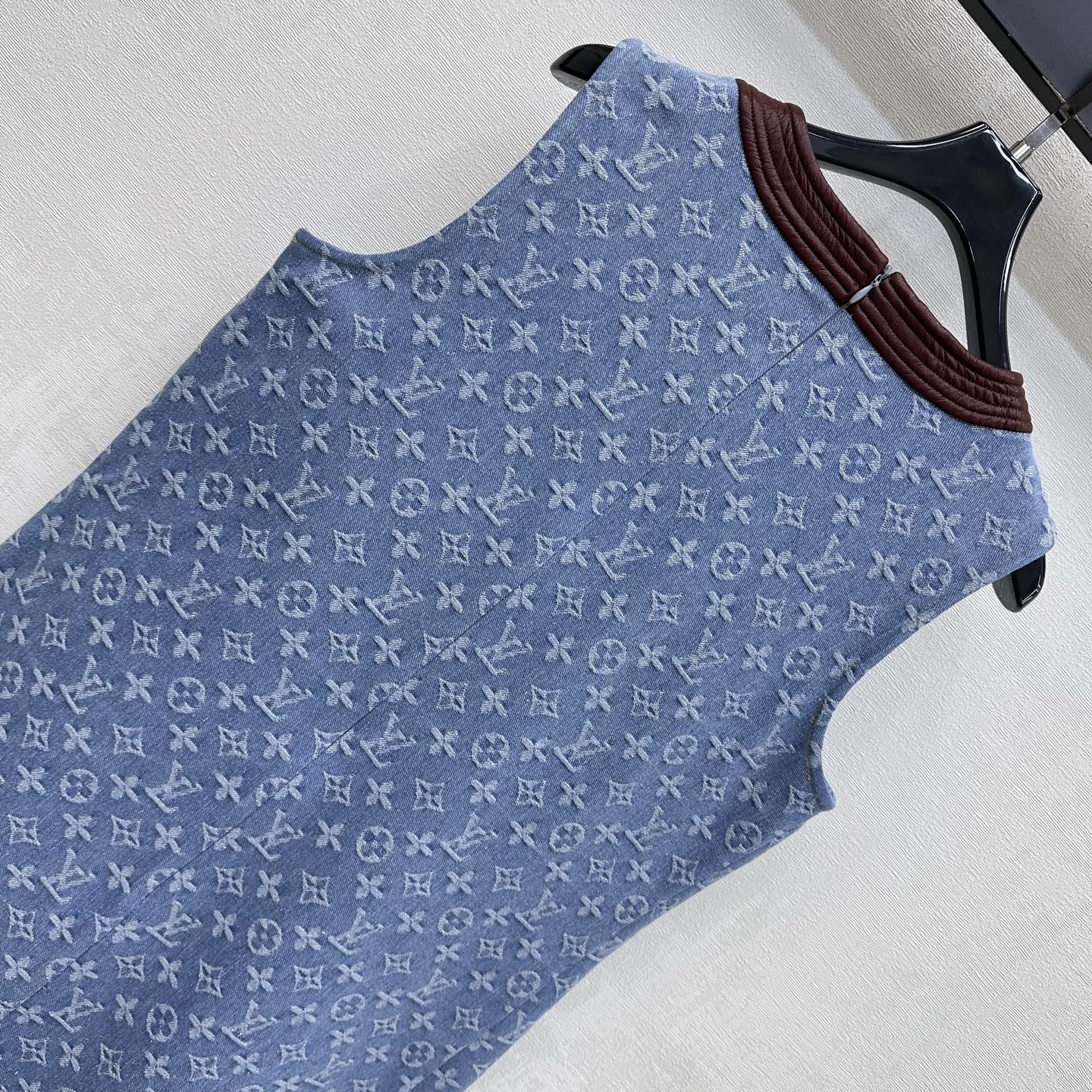 Leather collar jacquard denim vest dress