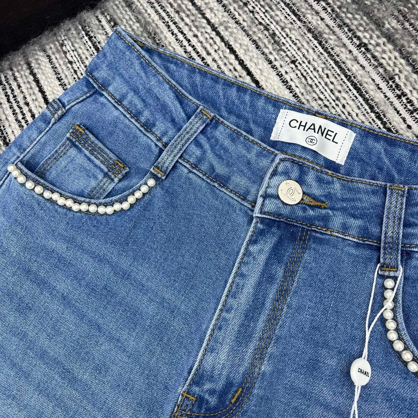 Spring 2026 Early Collection: New Straight-Leg Denim Jeans featuring Beaded Pockets, Embroidered Double-C Pocket Detail, and Washed Finish