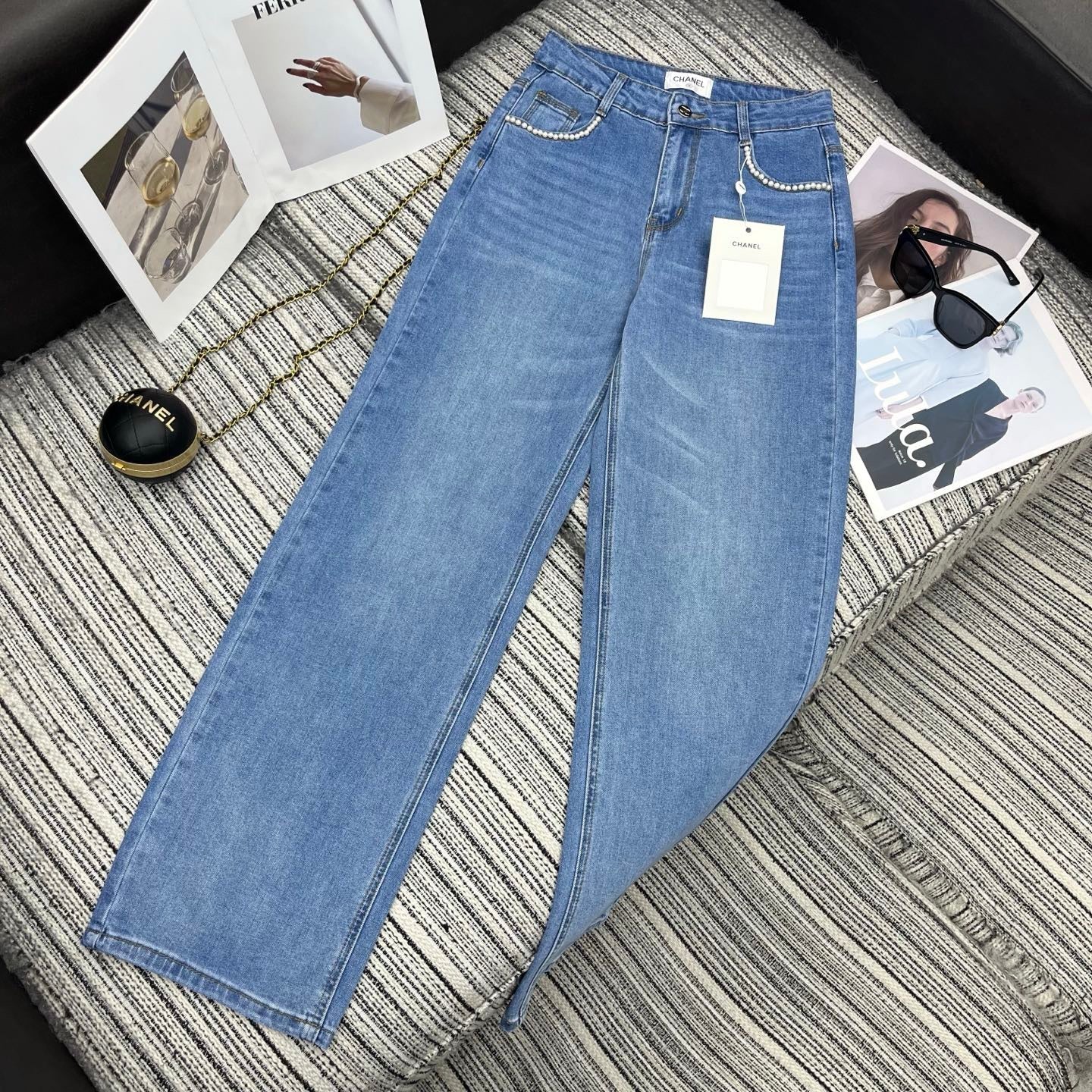 Spring 2026 Early Collection: New Straight-Leg Denim Jeans featuring Beaded Pockets, Embroidered Double-C Pocket Detail, and Washed Finish
